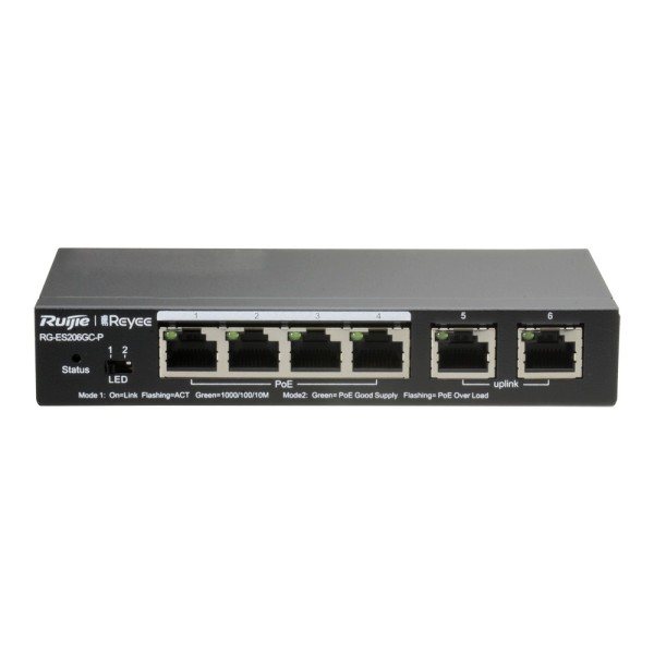 Reyee RG-ES206GC-P REYEE Switch Poe Cloud - 4 Poe Gigabit + 2 Uplink Gigabit RJ45 - Velocidade do Porto 10/100/1000 MBP