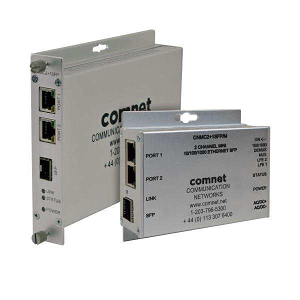COMNET CNMC2 + 1SFP_M COMNET. Conversor de mídia 2 canais 10/100/1000 Mbps para fibra óptica 1 SFP 100 ou 1000Mbps. Mini formato