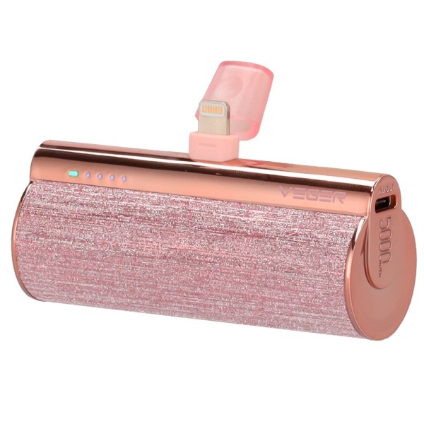 Vger VG-W0573P-R Mini Banco de Energia com LED Let - Capacidade 5000mAh - Entrada USB-C - Conector de Lightning Exit - Carga 1