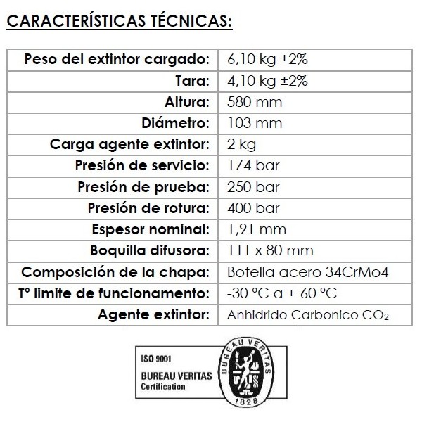 Comprar VALLEUNION VU-2-CO2 Extintor CO2 2Kg Dióxido Carbono, eficacia 334B con soporte pared. Certificado, homologado y marcado