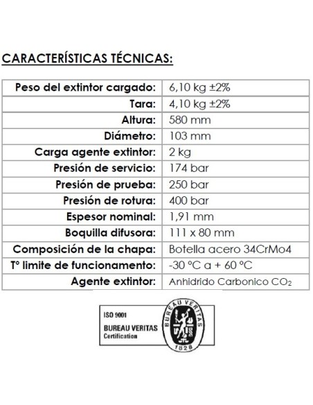 Comprar VALLEUNION VU-2-CO2 Extintor CO2 2Kg Dióxido Carbono, eficacia 334B con soporte pared. Certificado, homologado y marcado