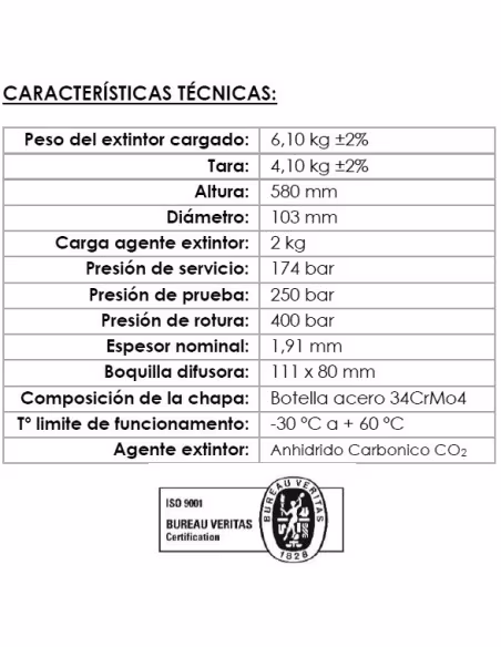 Comprar extintor de CO2 VALLEUNION VU-2-CO2 2 kg de dióxido de carbono, eficácia 334B com suporte de parede. Certificado, homolo