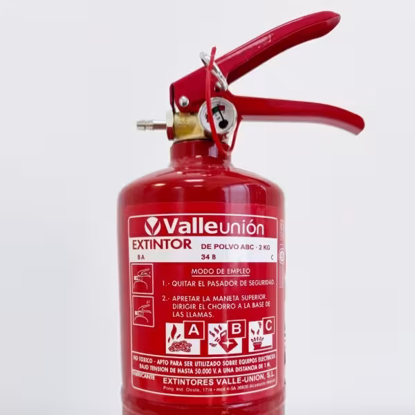 Comprar extintor de pó ABC VALLEUNION VU-2-PP 2 kg, eficácia 8A34BC, com suporte de plástico. Certificado, homologado e com marc