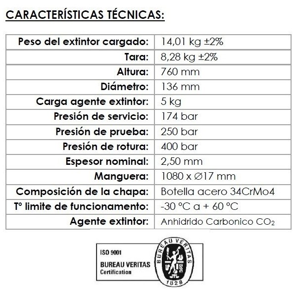 Acheter l’extincteur CO2 VALLEUNION VU-5-CO2 5 kg (dioxyde de carbone), efficacité 89B, avec support mural. Certifié, homologué