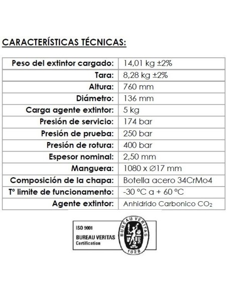 Comprar VALLEUNION VU-5-CO2 Extintor CO2 5Kg Dióxido Carbono, eficacia 89B con soporte pared. Certificado, homologado y marcado