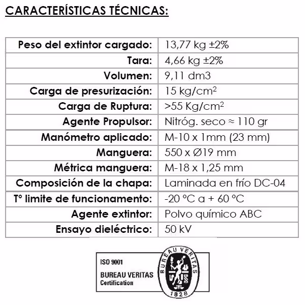 Comprar extintor de pó ABC VALLEUNION VU-9-PP 9 kg, eficácia 34A144BC, com suporte e base metálica. Certificado, homologado e ma