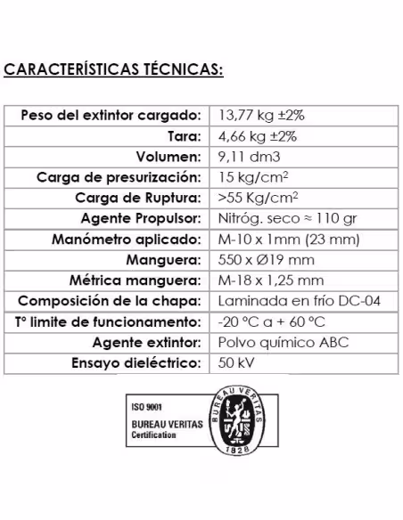 Comprar extintor de pó ABC VALLEUNION VU-9-PP 9 kg, eficácia 34A144BC, com suporte e base metálica. Certificado, homologado e ma