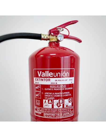 Comprar VALLEUNION VU-9-PP Extintor polvo ABC 9Kg eficacia 34A144BC con soporte y base metal. Certificado, homologado y marcado