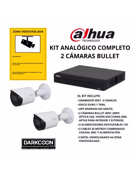 KIT-DAHUA-ANALOG-2BULLET KIT 2 TELECAMERE BULLET DAHUA ANALOGICO. SISTEMA COMPLETO DI VIDEOSORVEGLIANZA CCTV PER NEGOZIO, CASA O