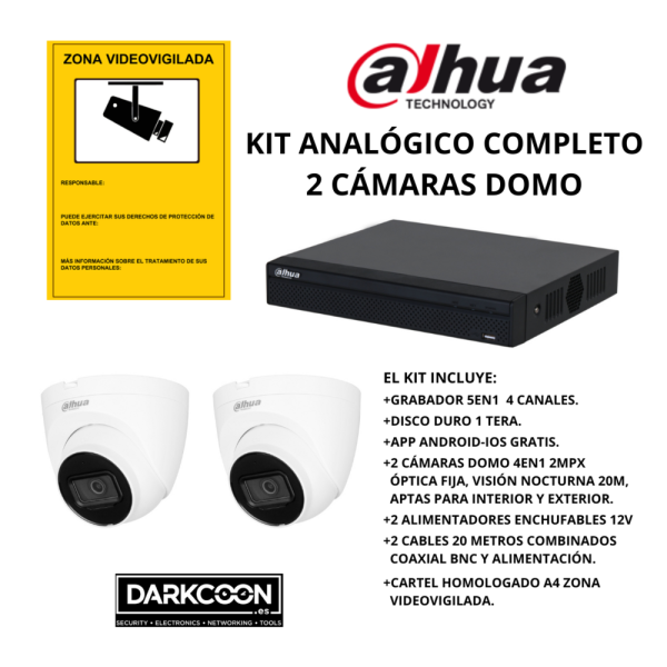 KIT-DAHUA-ANALOG-2DOMO KIT 2 CÁMARAS DOMO DAHUA ANALÓGICO. SISTEMA COMPLETO VIDEOVIGILANCIA CCTV TIENDA, HOGAR, O EMPRESA.
