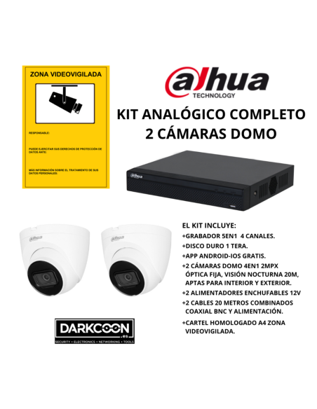 KIT-DAHUA-ANALOG-2DOMO KIT 2 CÁMARAS DOMO DAHUA ANALÓGICO. SISTEMA COMPLETO VIDEOVIGILANCIA CCTV TIENDA, HOGAR, O EMPRESA.