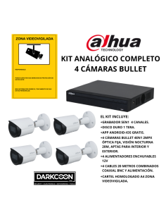 KIT-DAHUA-ANALOG-4BULLET KIT 4 CÁMARAS BULLET DAHUA ANALÓGICO. SISTEMA COMPLETO VIDEOVIGILANCIA CCTV TIENDA, HOGAR, O EMPRESA.