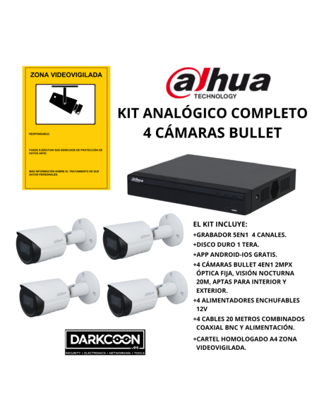 KIT-DAHUA-ANALOG-4BULLET KIT 4 CÁMARAS BULLET DAHUA ANALÓGICO. SISTEMA COMPLETO VIDEOVIGILANCIA CCTV TIENDA, HOGAR, O EMPRESA.
