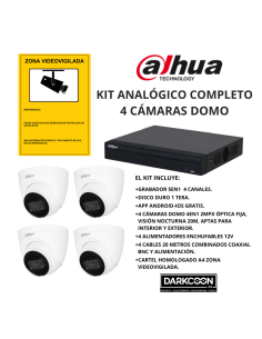 KIT-DAHUA-ANALOG-4DOMO KIT 4 CÁMARAS DOMO DAHUA ANALÓGICO. SISTEMA COMPLETO VIDEOVIGILANCIA CCTV TIENDA, HOGAR, O EMPRESA.