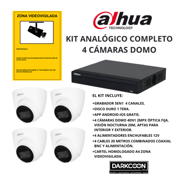 KIT-DAHUA-ANALOG-4DOMO KIT 4 CÁMARAS DOMO DAHUA ANALÓGICO. SISTEMA COMPLETO VIDEOVIGILANCIA CCTV TIENDA, HOGAR, O EMPRESA.