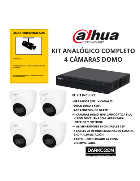 KIT-DAHUA-ANALOG-4DOMO KIT 4 CÁMARAS DOMO DAHUA ANALÓGICO. SISTEMA COMPLETO VIDEOVIGILANCIA CCTV TIENDA, HOGAR, O EMPRESA.