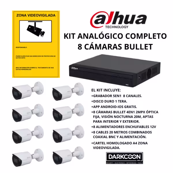 KIT-DAHUA-ANALOG-8BULLET KIT 8 CAMÉRAS BULLET DAHUA ANALOGIQUE. SYSTÈME COMPLET DE VIDÉOSURVEILLANCE CCTV POUR MAGASIN, DOMICILE