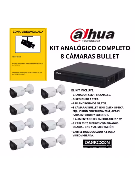 KIT-DAHUA-ANALOG-8BULLET KIT 8 TELECAMERE BULLET DAHUA ANALOGICO. SISTEMA COMPLETO DI VIDEOSORVEGLIANZA CCTV PER NEGOZIO, CASA O