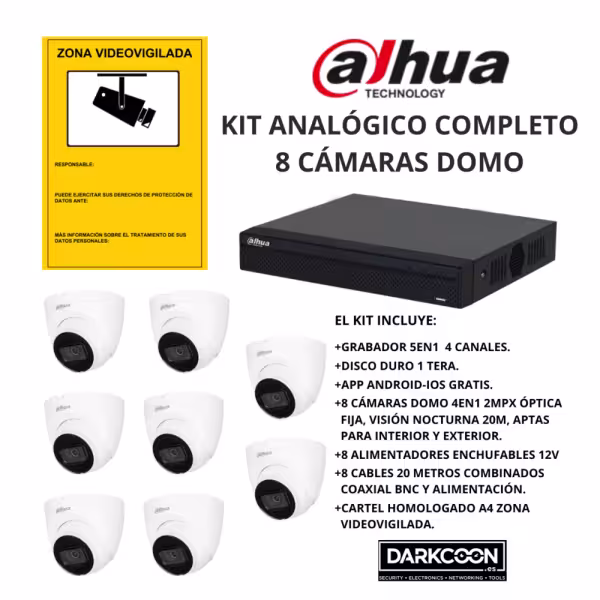 KIT-DAHUA-ANALOG-8DOMO KIT 8 CAMÉRAS DÔME DAHUA ANALOGIQUE. SYSTÈME COMPLET DE VIDÉOSURVEILLANCE CCTV POUR MAGASIN, MAISON OU EN
