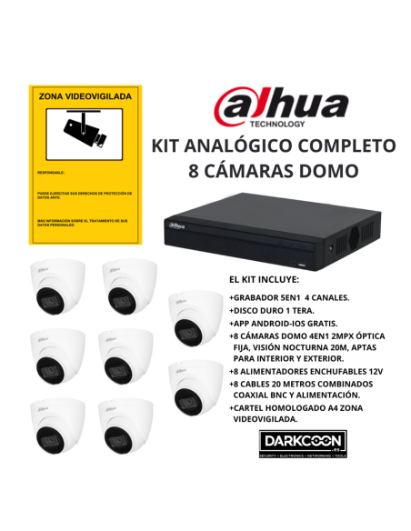 KIT-DAHUA-ANALOG-8DOMO KIT 8 CÁMARAS DOMO DAHUA ANALÓGICO. SISTEMA COMPLETO VIDEOVIGILANCIA CCTV TIENDA, HOGAR, O EMPRESA.
