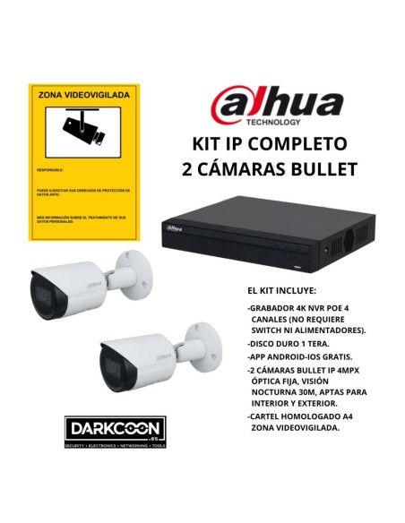 KIT-DAHUA-IP-2BULLET KIT 2 CÁMARAS BULLET DAHUA IP POE ONVIF. SISTEMA COMPLETO VIDEOVIGILANCIA CCTV TIENDA, HOGAR, O EMPRESA.