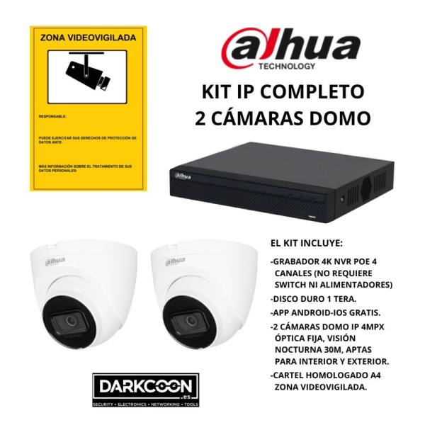 KIT-DAHUA-IP-2DOMO KIT 2 CÁMARAS DOMO DAHUA IP POE ONVIF. SISTEMA COMPLETO VIDEOVIGILANCIA CCTV TIENDA, HOGAR, O EMPRESA.