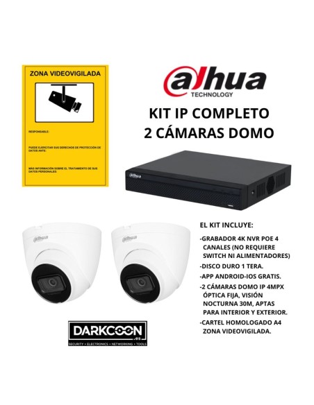KIT-DAHUA-IP-2DOMO KIT 2 CÁMARAS DOMO DAHUA IP POE ONVIF. SISTEMA COMPLETO VIDEOVIGILANCIA CCTV TIENDA, HOGAR, O EMPRESA.