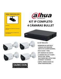 KIT-DAHUA-IP-4BULLET KIT 4 CÁMARAS BULLET DAHUA IP POE ONVIF. SISTEMA COMPLETO VIDEOVIGILANCIA CCTV TIENDA, HOGAR, O EMPRESA.