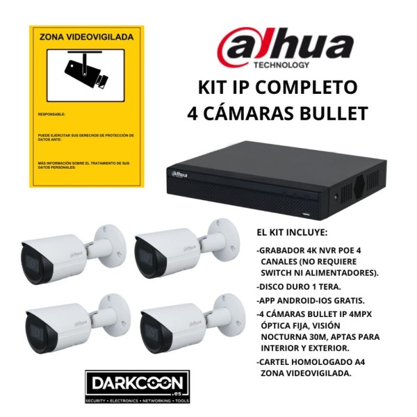 KIT-DAHUA-IP-4BULLET KIT 4 CÁMARAS BULLET DAHUA IP POE ONVIF. SISTEMA COMPLETO VIDEOVIGILANCIA CCTV TIENDA, HOGAR, O EMPRESA.