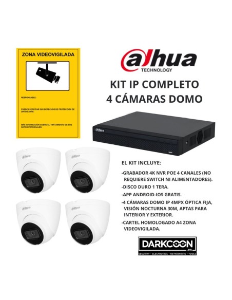 KIT-DAHUA-IP-4DOMO KIT 4 CÁMARAS DOMO DAHUA IP POE ONVIF. SISTEMA COMPLETO VIDEOVIGILANCIA CCTV TIENDA, HOGAR, O EMPRESA.