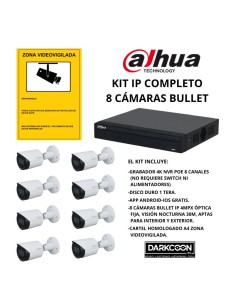 KIT-DAHUA-IP-8BULLET KIT 8 CÁMARAS BULLET DAHUA IP POE ONVIF. SISTEMA COMPLETO VIDEOVIGILANCIA CCTV TIENDA, HOGAR, O EMPRESA.