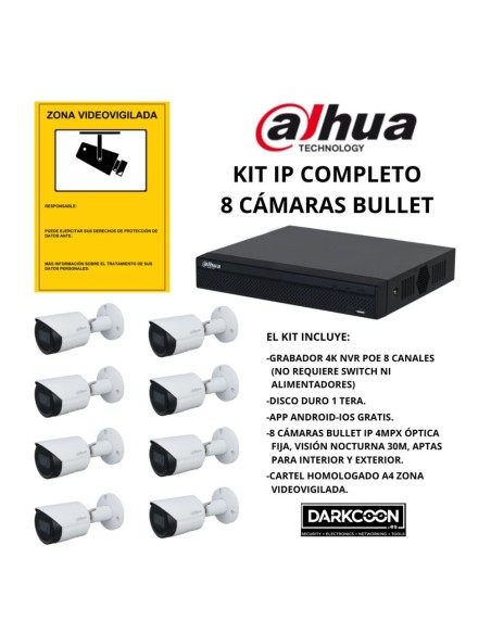 KIT-DAHUA-IP-8BULLET KIT 8 CÁMARAS BULLET DAHUA IP POE ONVIF. SISTEMA COMPLETO VIDEOVIGILANCIA CCTV TIENDA, HOGAR, O EMPRESA.