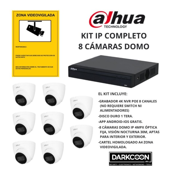 KIT-DAHUA-IP-8DOMO KIT 8 CÁMARAS DOMO DAHUA IP POE ONVIF. SISTEMA COMPLETO VIDEOVIGILANCIA CCTV TIENDA, HOGAR, O EMPRESA.
