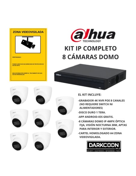 KIT-DAHUA-IP-8DOMO KIT 8 CÁMARAS DOMO DAHUA IP POE ONVIF. SISTEMA COMPLETO VIDEOVIGILANCIA CCTV TIENDA, HOGAR, O EMPRESA.