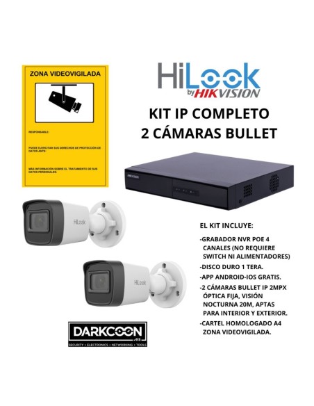 KIT-HIKVISION-IP-2BULLET KIT 2 CÁMARAS BULLET HIKVISION IP POE ONVIF. SISTEMA VIDEOVIGILANCIA CCTV TIENDA, HOGAR, O EMPRESA.