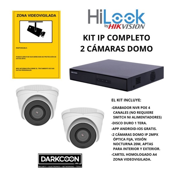 KIT-HIKVISION-IP-2DOMO KIT 2 TELECAMERE DOME HIKVISION IP POE ONVIF. SISTEMA DI VIDEOSORVEGLIANZA CCTV PER NEGOZIO, CASA O AZIEN