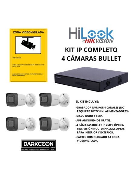 KIT-HIKVISION-IP-4BULLET KIT 4 CÁMARAS BULLET HIKVISION IP POE ONVIF. SISTEMA VIDEOVIGILANCIA CCTV TIENDA, HOGAR, O EMPRESA.