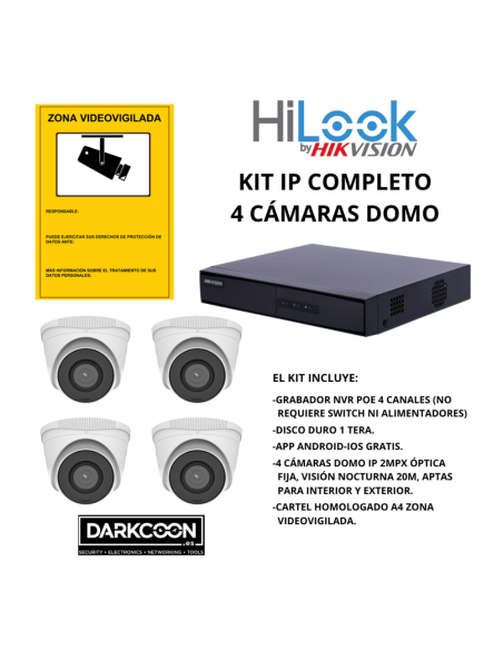 KIT-HIKVISION-IP-4DOMO KIT 4 TELECAMERE DOMO HIKVISION IP POE ONVIF. SISTEMA DI VIDEOSORVEGLIANZA CCTV PER NEGOZIO, CASA O AZIEN