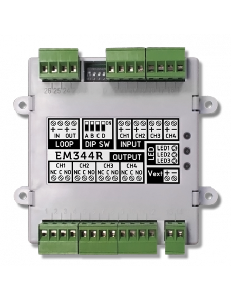 Módulo INIM EM344R 4-INPUT (2 configurável como zona convencional) e 4 saídas de relé, com isolante