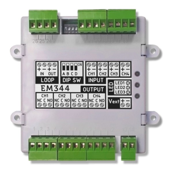 Inim EM344S 4-Entry Module (2 configurável como zona convencional) e 4 saídas supervisionadas, com isolante