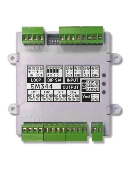 Inim EM344S 4-Entry Module (2 configurável como zona convencional) e 4 saídas supervisionadas, com isolante