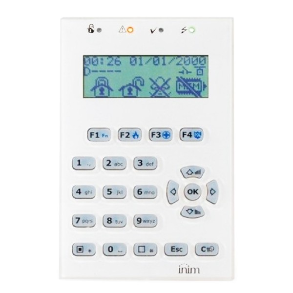 Teclado LCD INIM NCODE-G-WH. 4 LEDs. 1 sensor de E / O. Luminosity. Para centrais primordiais. Cor branca