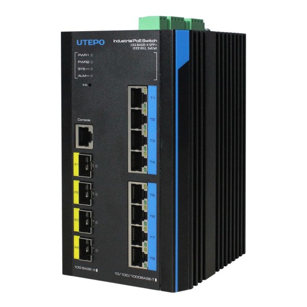 UTEPO UTP7608GE-POE-IE Switch Industrial Relator Fast-Ring Poe 8 Ports Gigabit + 4 UpbLink 10G SFP 240W 802.3AF / A 6KV - Camada