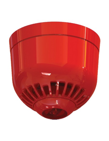 Bidde Commercial ASC2366 Siren com flash analógico para andar no teto. Base de baixo perfil. Cor vermelha com lente vermelha