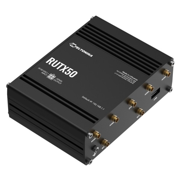 Acheter TELTONIKA RUTX50 TELTONIKA. Routeur 5G multi-réseau double SIM, 5 ports Gigabit, Wi‑Fi, GPS, USB, E/S alarme, 9–50 Vcc, 