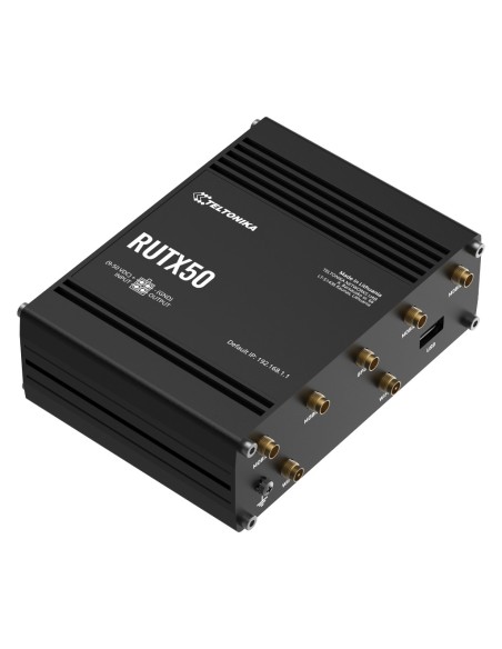 Acheter TELTONIKA RUTX50 TELTONIKA. Routeur 5G multi-réseau double SIM, 5 ports Gigabit, Wi‑Fi, GPS, USB, E/S alarme, 9–50 Vcc, 