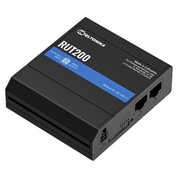 Acheter TELTONIKA RUT200 TELTONIKA. Routeur ind. Cat4 LTE (2G/3G/4G) max 150 Mbps. 1E/1S 2xRJ45 1xSIM Wi‑Fi 2,4 GHz Alim. 4 broc