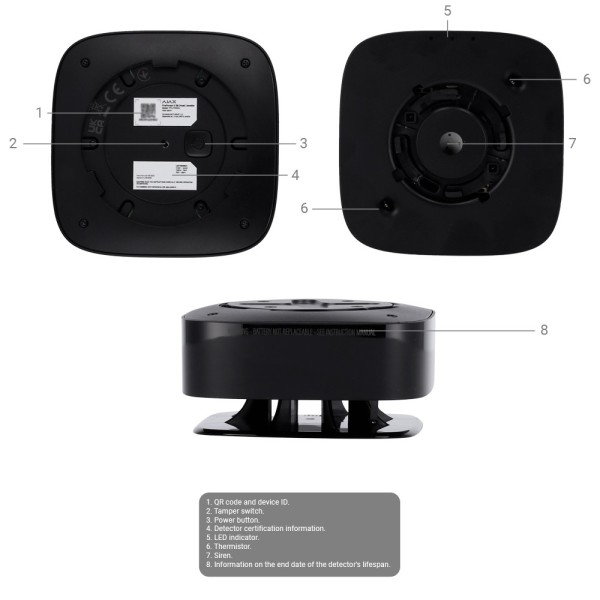Kaufen AJAX AJ-FIREPROTECT2-H-SB-B thermovelocimetrischer Melder – integrierte Batterien – drahtlos 868 MHz Jeweller – Sirene 85