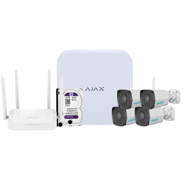 OEM AJ-NVRKIT108B-2W Vídeo Ajax Kit de Vignatiling - Gravador Ajax de 8 canais - 4 Cameras Wi-Fi de bala de 2 MPX Uniarch - Rout