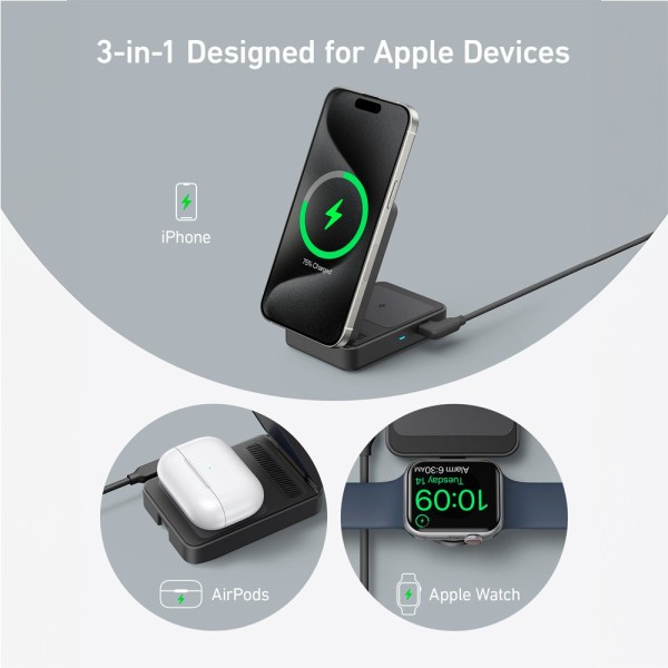 Comprar ANKER ANK-2557-3-IN-1-B Cargador inalámbrico 3 en 1 Anker - Tecnología Magsafe - Carga rápida: iPhone, Airpods, Apple Wa